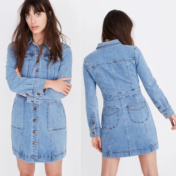 Madewell | Cotton Denim Structured Mini Shirt Dress in Medium Wash Blue Size 8 - Picture 2 of 7